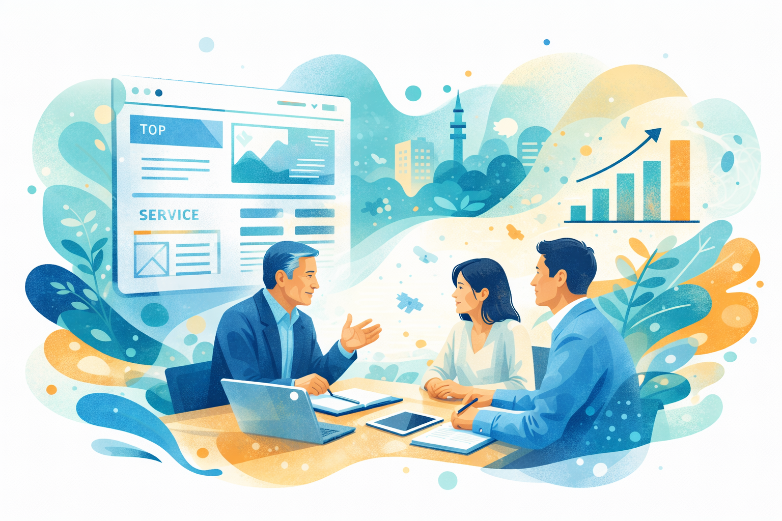 仙台の中小企業がホームページの改善やリニューアルについて相談している様子を抽象的に描いたイラスト。画面構成や成長グラフが背景に表現されている。